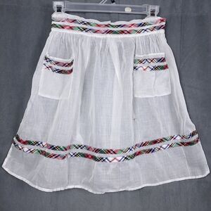 Vintage Hostess Half Apron Gauze Cotton White Two Pockets Plaid Preppy